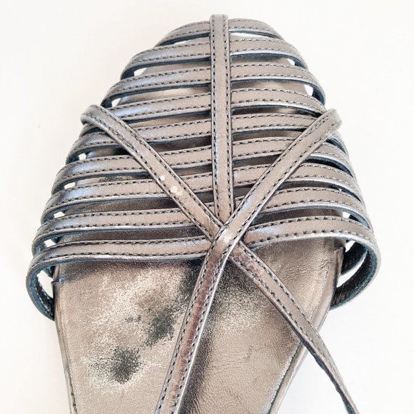 Prada Metallic Mini Wedge Closed Toe Strappy Sandals, Size 36.5 Womens - Picture 3 of 13